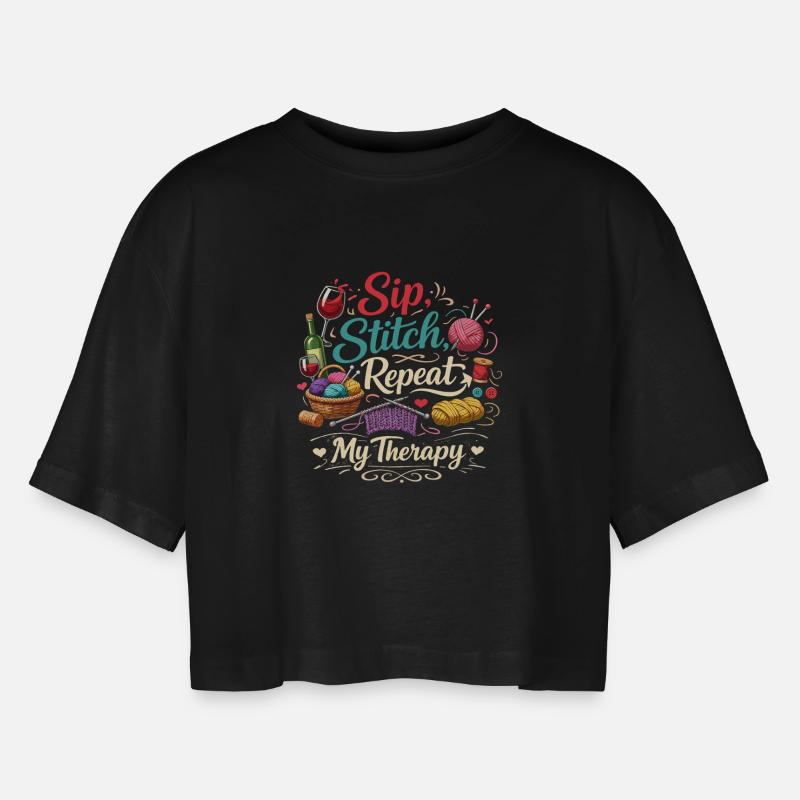 Sip Stitch Repeat Therapy - Women’s Oversized Cropped T-Shirt - black