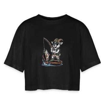 Funny fishing goat with big catch at the lake - Women’s Oversized Cropped T-Shirt - black - Front - AI Model Female 172 light (172cm)
