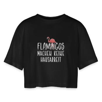 Flamingos don't do housework / Flamingo - Women’s Oversized Cropped T-Shirt - black - Front - AI Model Female 172 light (172cm)