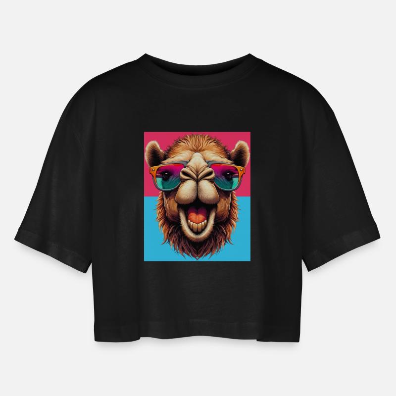 Kamel - Frauen Oversized Cropped T-Shirt - Schwarz