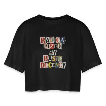 Radicalized by Decency Collage - Women’s Oversized Cropped T-Shirt - black - Front - AI Model Female 172 light (172cm)