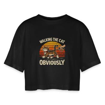 Promener un chat | Chat en laisse - T-shirt court oversize Femme - noir - Devant - AI Model Female 172 light (172cm)