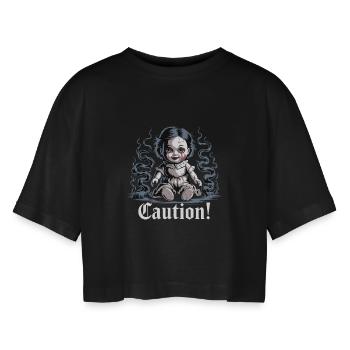 Poupée effrayante avec texte d’avertissement - T-shirt court oversize Femme - noir - Devant - AI Model Female 172 light (172cm)