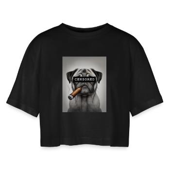 Zensierter Mops mit Zigarre - Frauen Oversized Cropped T-Shirt - Schwarz - Vorne - AI Model Female 172 light (172cm)