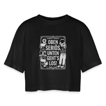 Serious at the top, cosy at the bottom - Women’s Oversized Cropped T-Shirt - black - Front - AI Model Female 172 light (172cm)