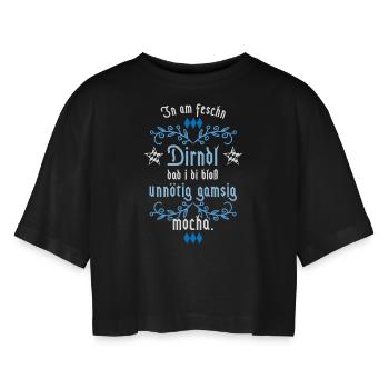 In am Dirndl dad i di gamsig mocha - Frauen Oversized Cropped T-Shirt - Schwarz - Vorne - AI Model Female 172 light (172cm)