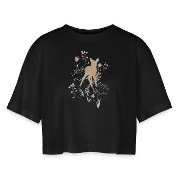 Cute fawn with flowers & plants. Roe deer. - Women’s Oversized Cropped T-Shirt - black - Front - AI Model Female 172 light (172cm)