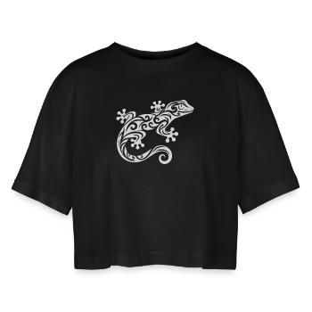Süsser Gecko im Tribal Tattoo Style - Frauen Oversized Cropped T-Shirt - Schwarz - Vorne - AI Model Female 172 light (172cm)
