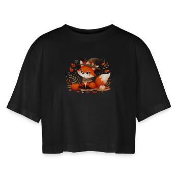 Fuchs Herbst 12 - Frauen Oversized Cropped T-Shirt - Schwarz - Vorne - AI Model Female 172 light (172cm)