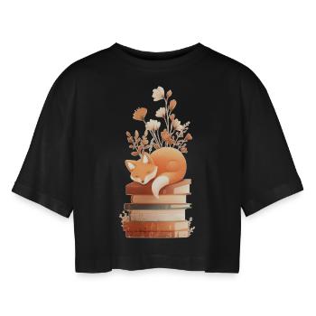 Fox on stack of books - Women’s Oversized Cropped T-Shirt - black - Front - AI Model Female 172 light (172cm)