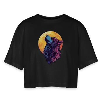 Wolf Mond - Frauen Oversized Cropped T-Shirt - Schwarz - Vorne - AI Model Female 172 light (172cm)