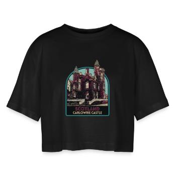 Illustration Carlowrie Castle, Schottland - Frauen Oversized Cropped T-Shirt - Schwarz - Vorne - AI Model Female 172 light (172cm)