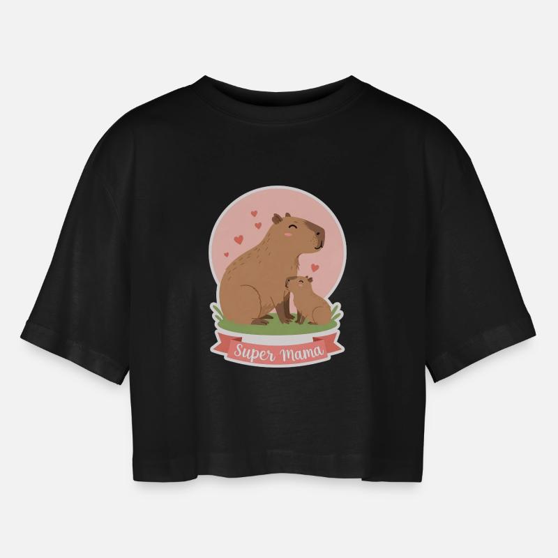 Mutter Kapibara - Frauen Oversized Cropped T-Shirt - Schwarz