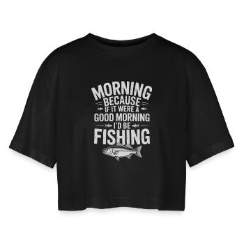 Morgenfisch-Zitat-Abschlag - Frauen Oversized Cropped T-Shirt - Schwarz - Vorne - AI Model Female 172 light (172cm)