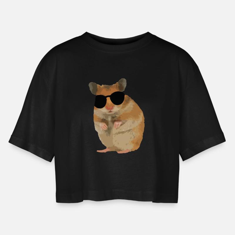 Hamster Menno mit Sonnebrille cool - Frauen Oversized Cropped T-Shirt - Schwarz