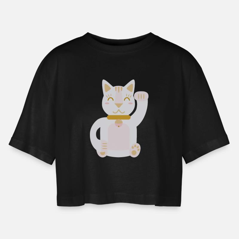 Maneki Neko L Lucky Cat - Women’s Oversized Cropped T-Shirt - black