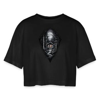 Whimsical Forest House Moonlit in the Forest - Frauen Oversized Cropped T-Shirt - Schwarz - Vorne - AI Model Female 172 light (172cm)