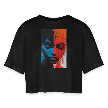 Abstract Woman Face in 2 Halves - Red Blue - Women’s Oversized Cropped T-Shirt - black - Front - AI Model Female 172 light (172cm)