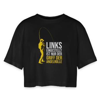 Links eingestellt ist nur der Griff der Angelrolle - Frauen Oversized Cropped T-Shirt - Schwarz - Vorne - AI Model Female 172 light (172cm)