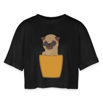 Mops mit Sonnenbrille in Brusttasche - Frauen Oversized Cropped T-Shirt - Schwarz - Vorne - AI Model Female 172 light (172cm)