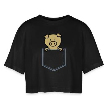 Oink in Brusttasche - Frauen Oversized Cropped T-Shirt - Schwarz - Vorne - AI Model Female 172 light (172cm)
