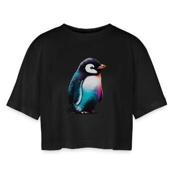 Pinguin - Frauen Oversized Cropped T-Shirt - Schwarz - Vorne - AI Model Female 172 light (172cm)