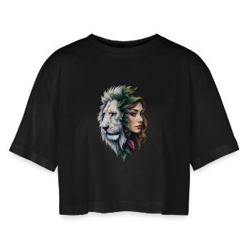 Floral Lion Woman Face - Women’s Oversized Cropped T-Shirt - black - Front - AI Model Female 172 light (172cm)
