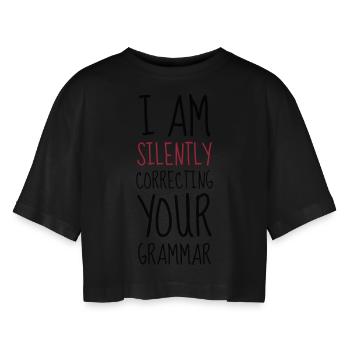 Grammar - Humor - Funny - Joke - Friend - Oversize cropped T-shirt til damer - sort - Foran - AI Model Female 172 light (172cm)