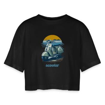 Vintage Scooter mit Bergkulisse - Frauen Oversized Cropped T-Shirt - Schwarz - Vorne - AI Model Female 172 light (172cm)
