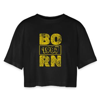 1987 - Women’s Oversized Cropped T-Shirt - black - Front - AI Model Female 172 light (172cm)
