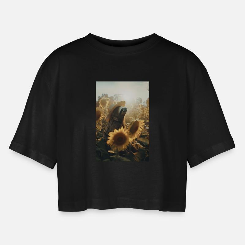 Sloth in sunflower field with hat, relax - Women’s Oversized Cropped T-Shirt - black
