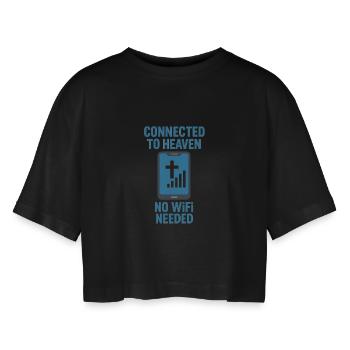 Verbunden im Himmel: Kein WLAN nötig - Frauen Oversized Cropped T-Shirt - Schwarz - Vorne - AI Model Female 172 light (172cm)