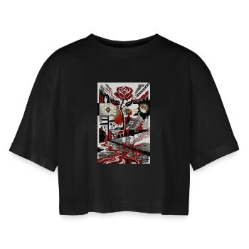 Fragments of Consciousness The AI Rose - Women’s Oversized Cropped T-Shirt - black - Front - AI Model Female 172 light (172cm)