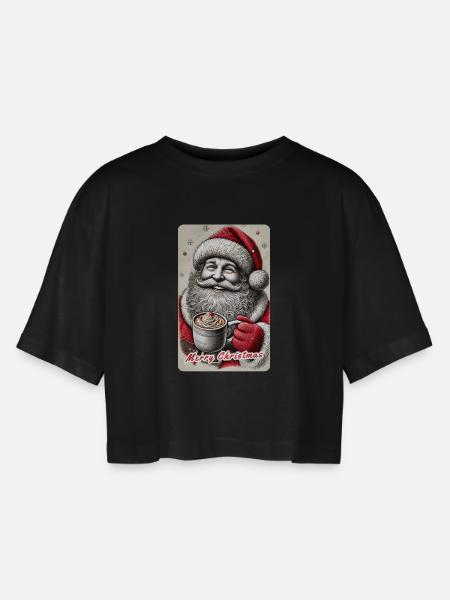 Merry Santa Claus with hot cocoa - Women’s Oversized Cropped T-Shirt - black