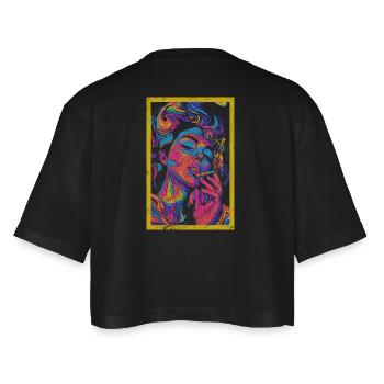 Surreal 80s Psychedelic - Women’s Oversized Cropped T-Shirt - black - Back - AI Model Female 172 light (172cm)