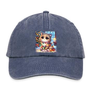 Cute Christmas Cat - Fairy Lights Chaos in the - Relaxed Vintage Cap - vintage denim - Front