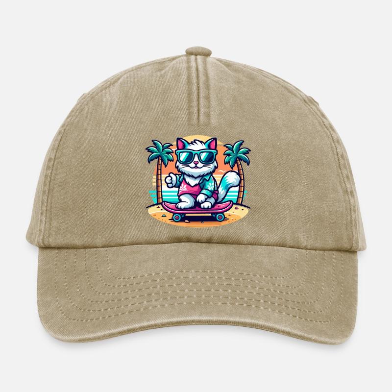 Katze auf einem Skateboard am Strand - Relaxed Vintage Cap - Vintage Beige