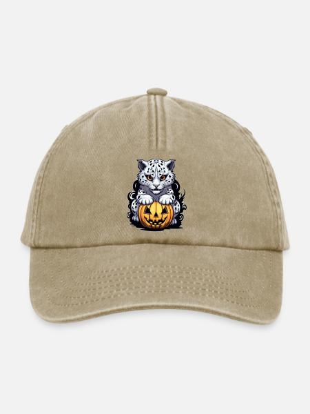 Schneeleopard mit Halloween-Kürbis - Relaxed Vintage Cap - Vintage Beige