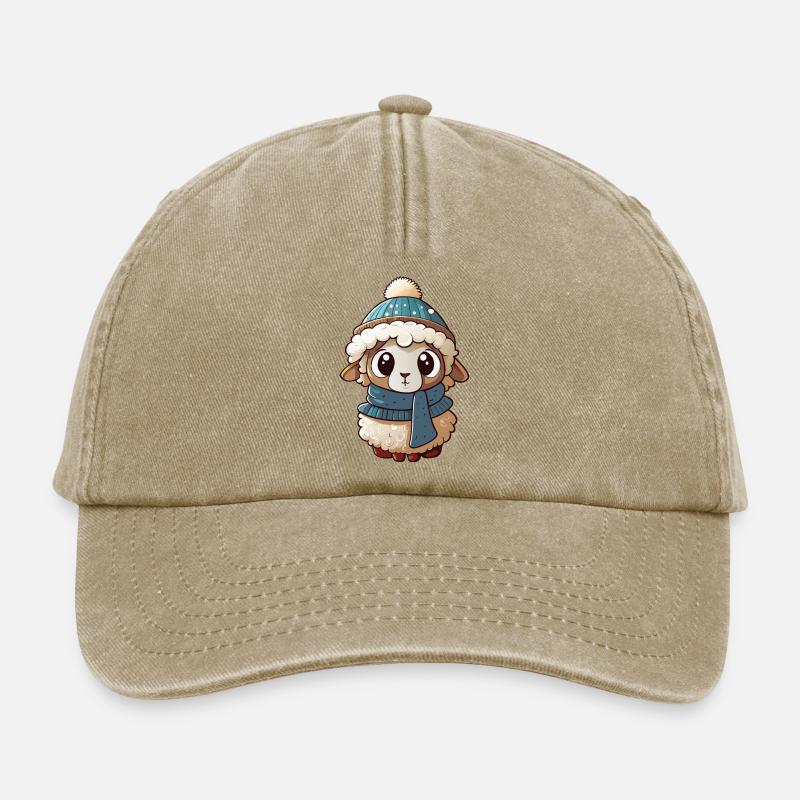 Cute sheep with scarf and bobble hat. - Relaxed Vintage Cap - vintage beige