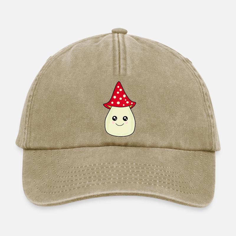 Kawaii champignon Toadstool mignon rouge avec visage - Casquette vintage décontractée - beige vintage