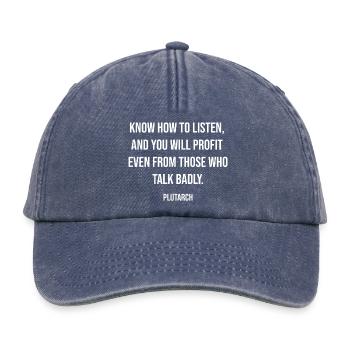 Typographie du profit d’écoute : citation de Plutarque - Casquette vintage décontractée - vintage bleu jeans - Devant
