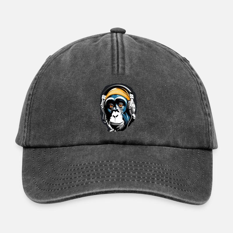 Musik Affe Schimpanse Kopfhoerer als Geschenkidee - Relaxed Vintage Cap - Vintage Schwarz