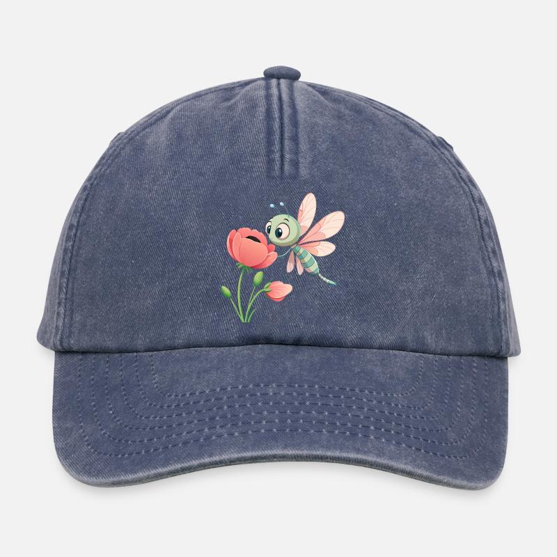 Bébé libellule colorée proche d'une fleur (v03) - Casquette vintage décontractée - vintage bleu jeans