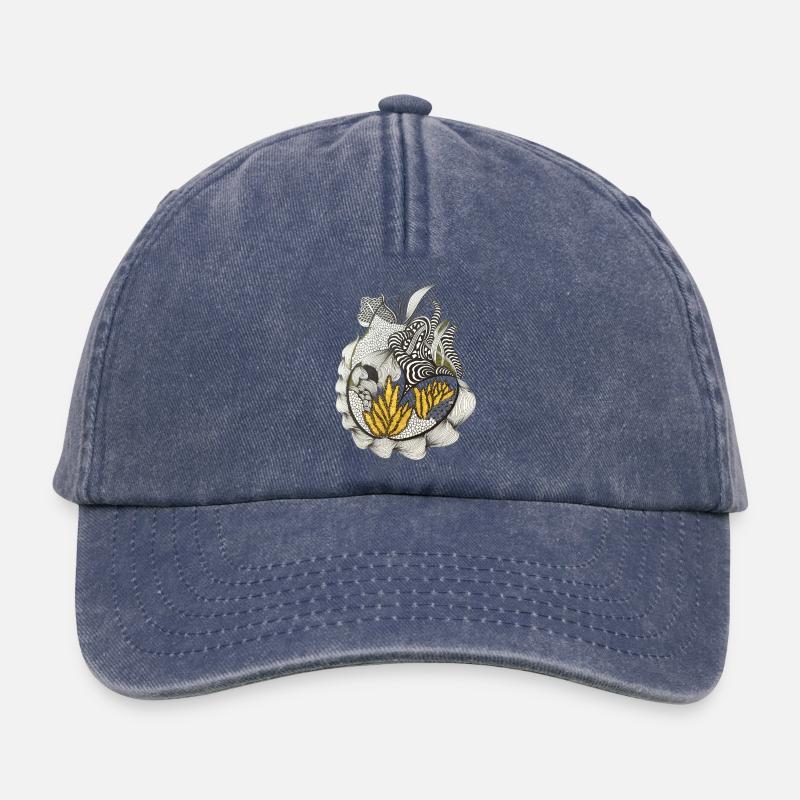 Black and White Leaf Pattern Yellow Accent - Relaxed Vintage Cap - vintage denim