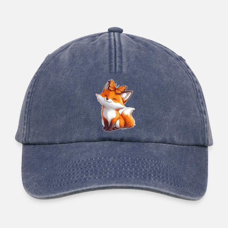Fox with Butterfly - Relaxed Vintage Cap - vintage denim