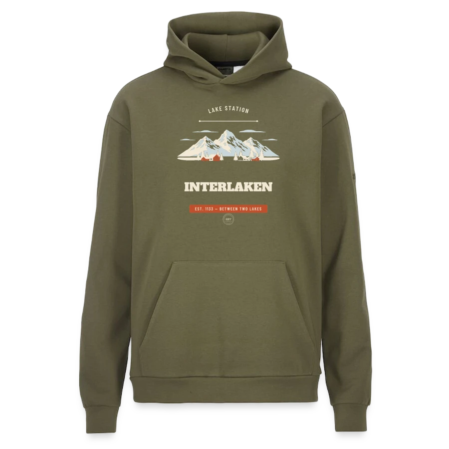 Interlaken badge on a craft community 2.0 hoodie , moss green