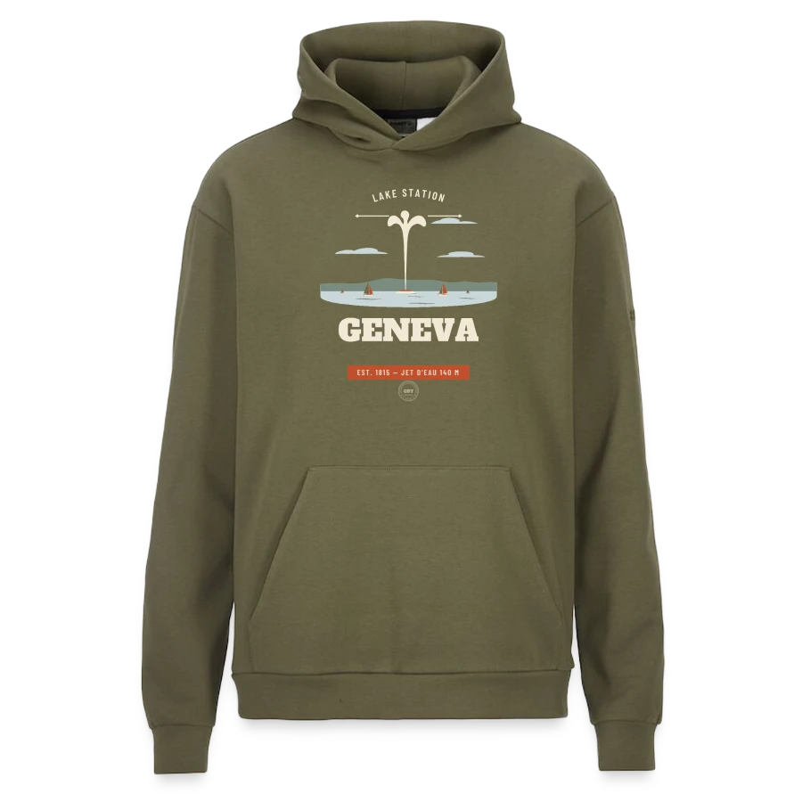 Geneva badge on a craft community 2.0 hoodie , moss green