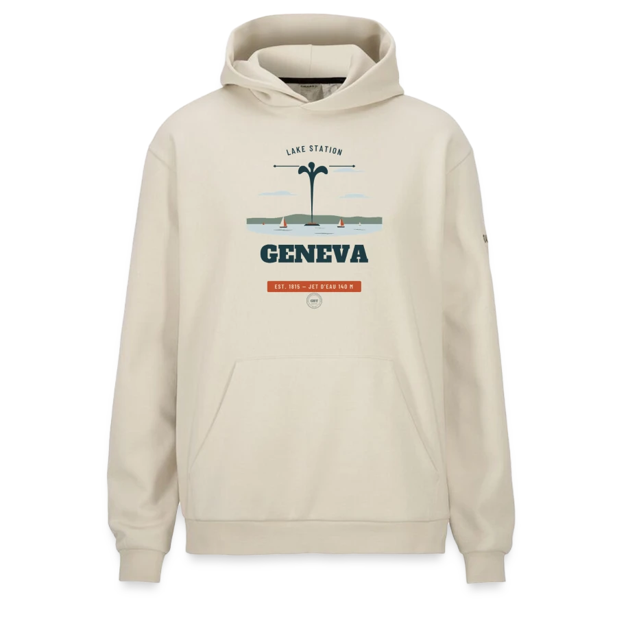 Geneva badge on a craft community 2.0 hoodie , beige