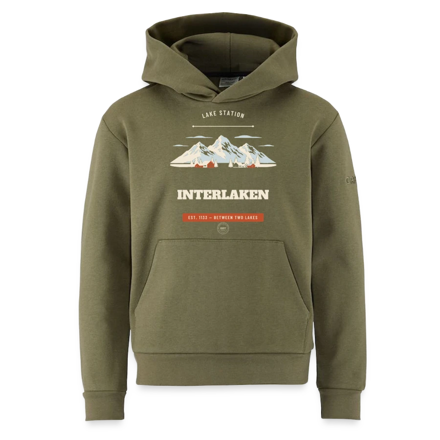 Interlaken badge on a craft community 2.0 teen hoodie , moss green