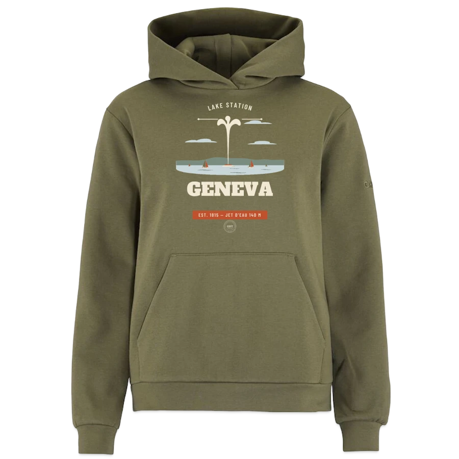 Geneva badge on a craft community 2.0 women's hoodie , moss green